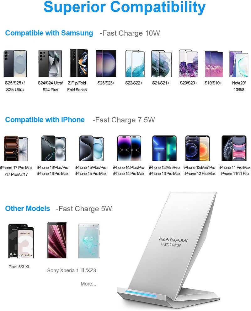 NANAMI  Fast Wireless Charger, Qi Certified Wireless Charging Stand Compatible iPhone 17/17 Air/16/16 Plus/15/14/13/12, Desktop Charger for Samsung Galaxy S25/S24/S23/S22/S21 and Qi-Enabled Phone - Image 2